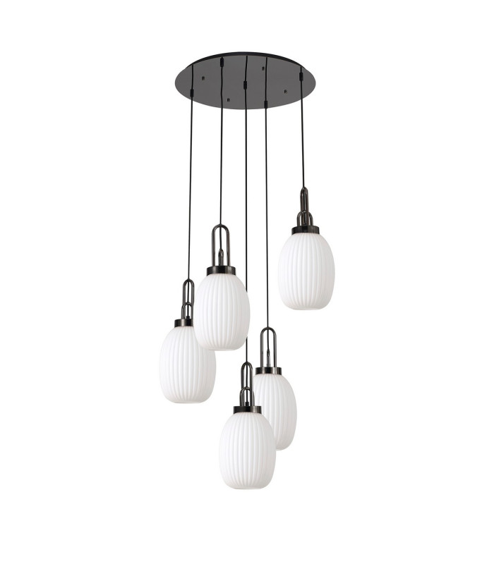 Yorktown 65cm Round 5 Light Pendant 20cm Almond Ribbed Glass Black Chrome/Matt Black Opal-4