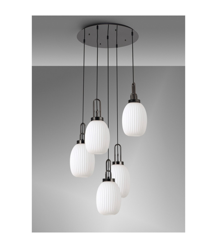 Yorktown 65cm Round 5 Light Pendant 20cm Almond Ribbed Glass Black Chrome/Matt Black Opal-9