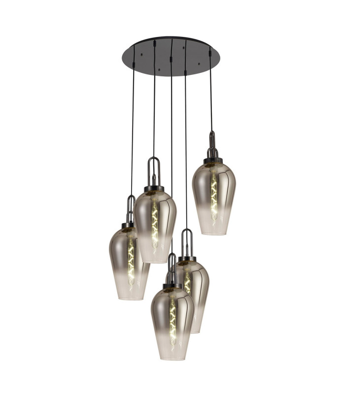 Yorktown 78cm Round 5 Light Pendant 23cm Pear Glass Black Chrome/Matt Black Smoked/Clear-1