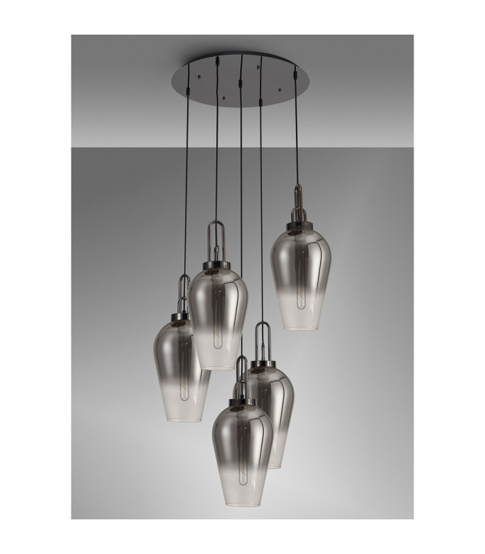 Yorktown 78cm Round 5 Light Pendant 23cm Pear Glass Black Chrome/Matt Black Smoked/Clear-9