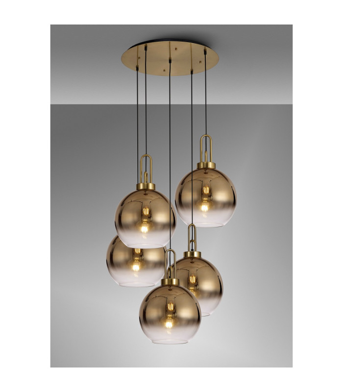Yorktown 75cm Round 5 Light Pendant 30cm Globe Glass Brass Gold/Matt Black Brass Gold/Clear-3