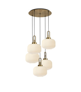 Yorktown 75cm 2.5m Round Pendant 5 x E27 Brass Gold/Matt Black 30cm Pumpkin Shaped Ribbed Opal Glass-1
