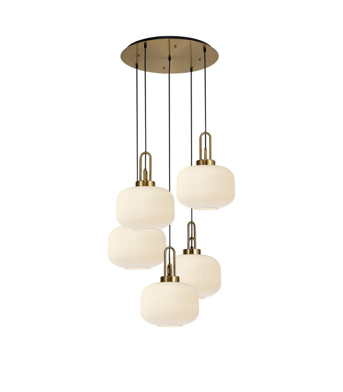 Yorktown 75cm 2.5m Round Pendant 5 x E27 Brass Gold/Matt Black 30cm Pumpkin Shaped Ribbed Opal Glass-1
