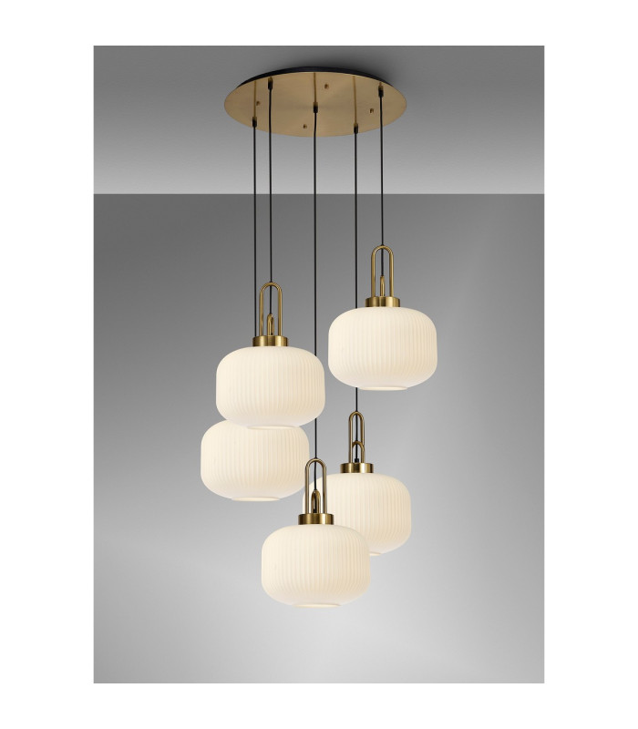Yorktown 75cm 2.5m Round Pendant 5 x E27 Brass Gold/Matt Black 30cm Pumpkin Shaped Ribbed Opal Glass-3