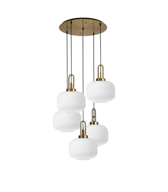 Yorktown 75cm 2.5m Round Pendant 5 x E27 Brass Gold/Matt Black 30cm Pumpkin Shaped Ribbed Opal Glass-4
