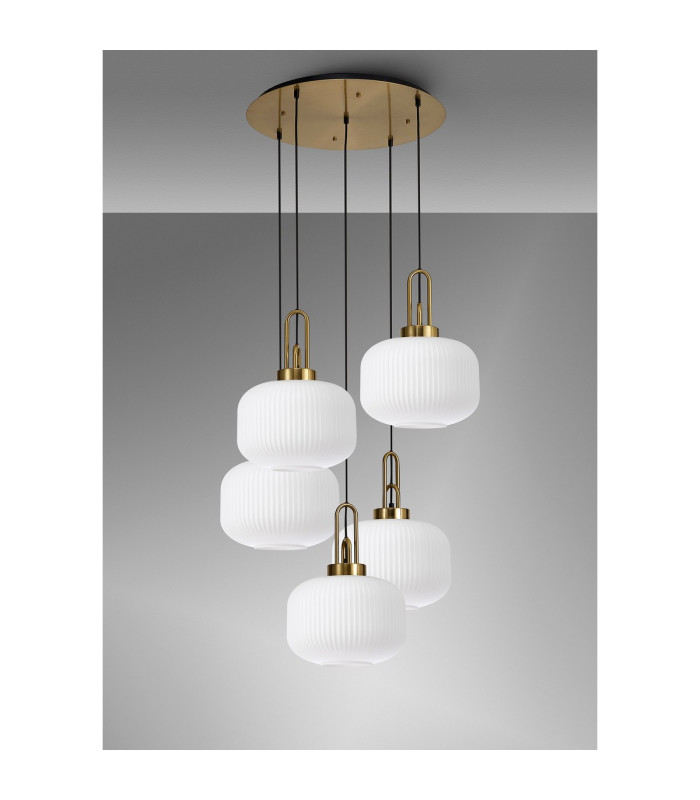 Yorktown 75cm 2.5m Round Pendant 5 x E27 Brass Gold/Matt Black 30cm Pumpkin Shaped Ribbed Opal Glass-10