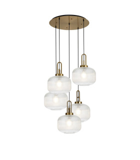 Yorktown 75cm 2.5m Round Pendant 5 x E27 Brass Gold/Matt Black 30cm Pumpkin Shaped Ribbed Clear Glass-1