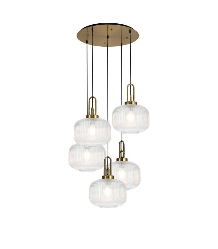 Yorktown 75cm 2.5m Round Pendant 5 x E27 Brass Gold/Matt Black 30cm Pumpkin Shaped Ribbed Clear Glass-1
