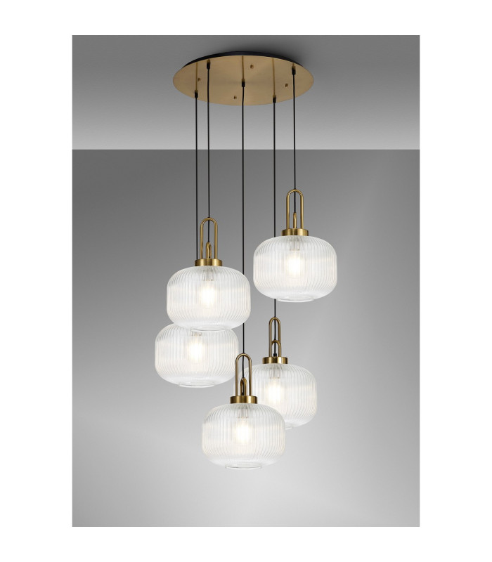 Yorktown 75cm 2.5m Round Pendant 5 x E27 Brass Gold/Matt Black 30cm Pumpkin Shaped Ribbed Clear Glass-3