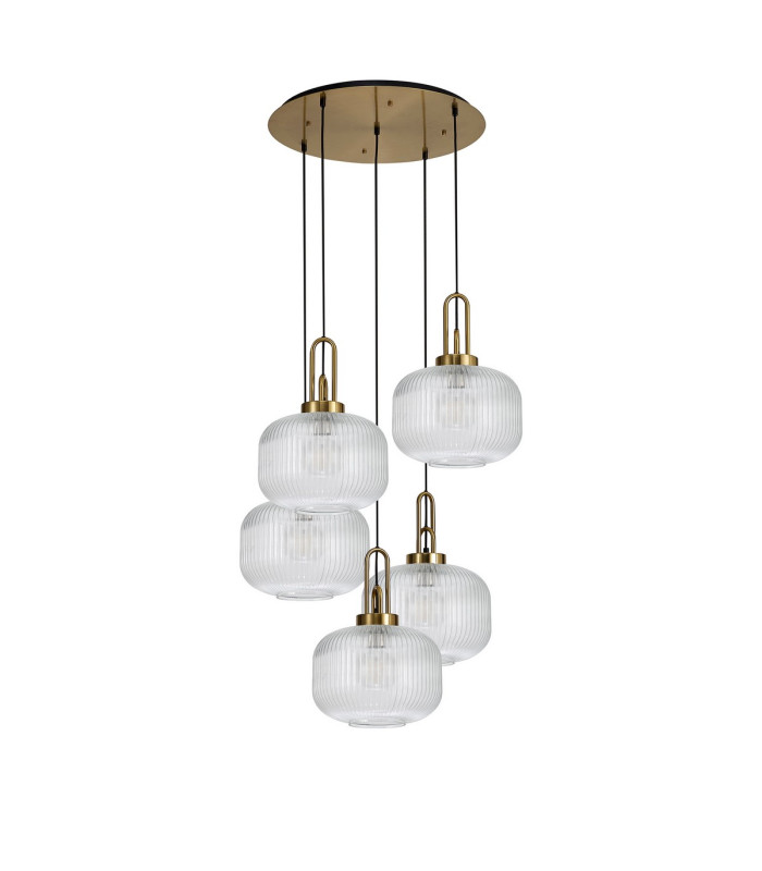 Yorktown 75cm 2.5m Round Pendant 5 x E27 Brass Gold/Matt Black 30cm Pumpkin Shaped Ribbed Clear Glass-4