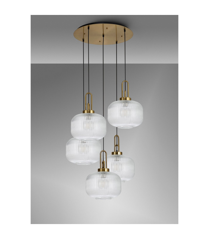 Yorktown 75cm 2.5m Round Pendant 5 x E27 Brass Gold/Matt Black 30cm Pumpkin Shaped Ribbed Clear Glass-10
