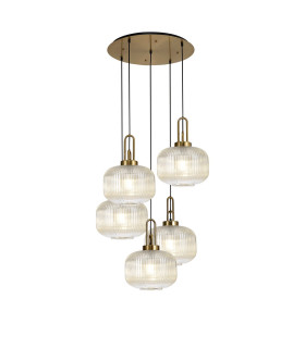 Yorktown 75cm 2.5m Round Pendant 5 x E27 Brass Gold/Matt Black 30cm Pumpkin Shaped Ribbed Champagne Glass-1