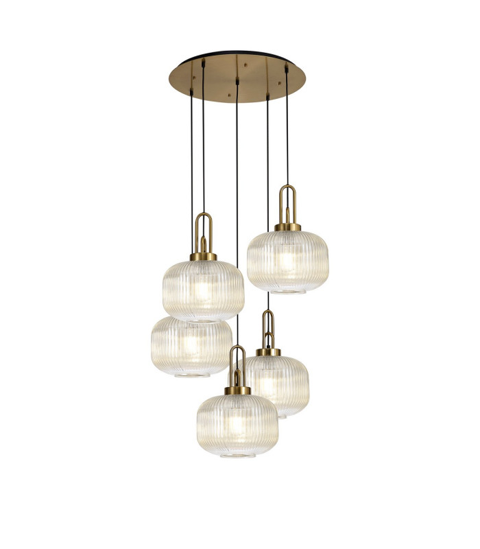 Yorktown 75cm 2.5m Round Pendant 5 x E27 Brass Gold/Matt Black 30cm Pumpkin Shaped Ribbed Champagne Glass-1