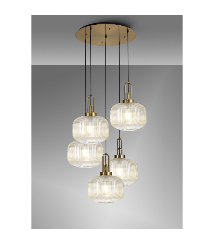 Yorktown 75cm 2.5m Round Pendant 5 x E27 Brass Gold/Matt Black 30cm Pumpkin Shaped Ribbed Champagne Glass-3
