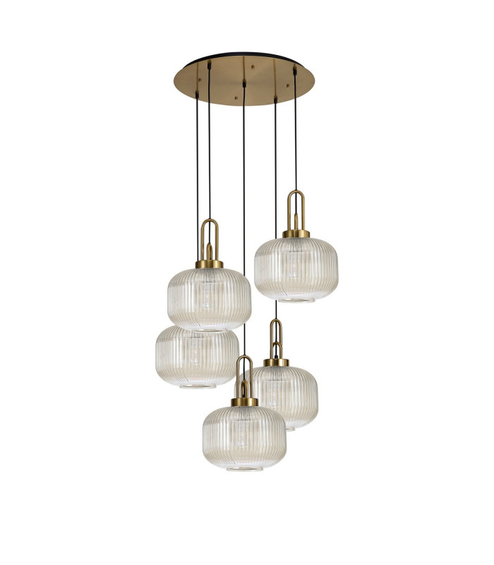 Yorktown 75cm 2.5m Round Pendant 5 x E27 Brass Gold/Matt Black 30cm Pumpkin Shaped Ribbed Champagne Glass-4