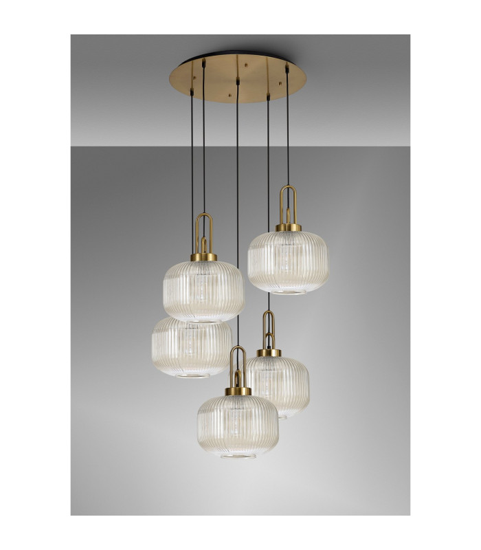 Yorktown 75cm 2.5m Round Pendant 5 x E27 Brass Gold/Matt Black 30cm Pumpkin Shaped Ribbed Champagne Glass-10