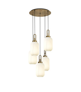 Yorktown 65cm Round 5 Light Pendant 20cm Tubular Ribbed Glass Brass Gold/Matt Black Opal-1
