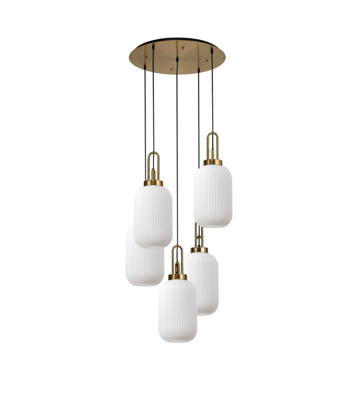 Yorktown 65cm Round 5 Light Pendant 20cm Tubular Ribbed Glass Brass Gold/Matt Black Opal-4