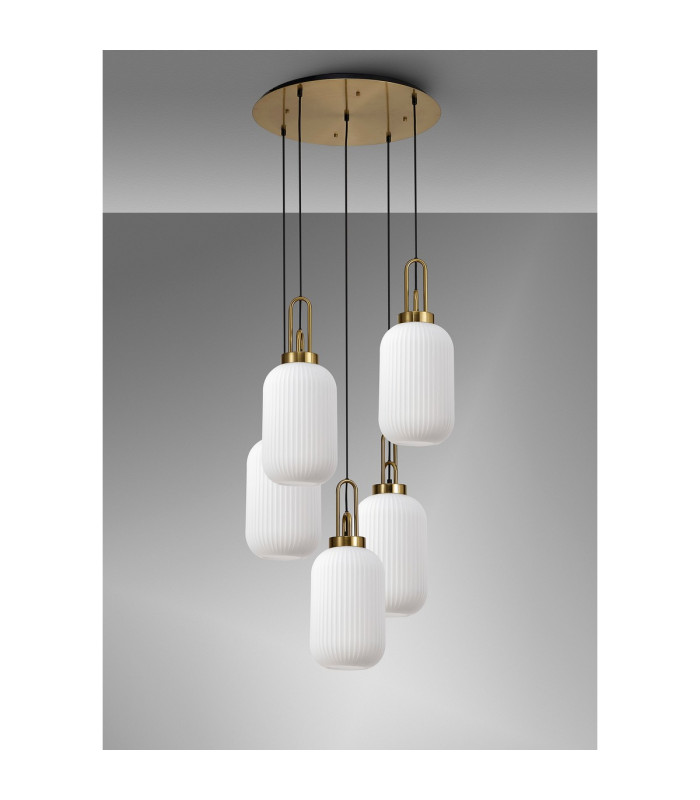 Yorktown 65cm Round 5 Light Pendant 20cm Tubular Ribbed Glass Brass Gold/Matt Black Opal-9
