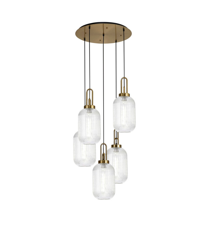 Yorktown 65cm Round 5 Light Pendant 20cm Tubular Ribbed Glass Brass Gold/Matt Black Clear-1
