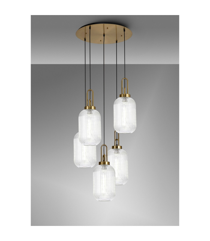 Yorktown 65cm Round 5 Light Pendant 20cm Tubular Ribbed Glass Brass Gold/Matt Black Clear-3