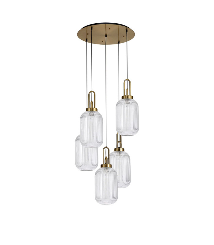Yorktown 65cm Round 5 Light Pendant 20cm Tubular Ribbed Glass Brass Gold/Matt Black Clear-4