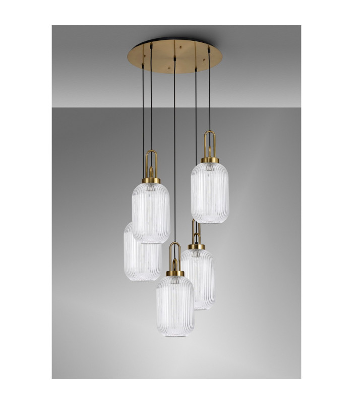 Yorktown 65cm Round 5 Light Pendant 20cm Tubular Ribbed Glass Brass Gold/Matt Black Clear-10