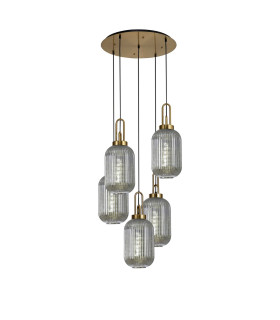 Yorktown 65cm Round 5 Light Pendant 20cm Tubular Ribbed Glass Brass Gold/Matt Black Smoked-1