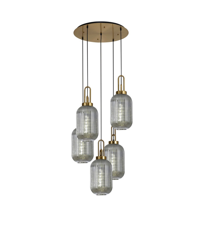 Yorktown 65cm Round 5 Light Pendant 20cm Tubular Ribbed Glass Brass Gold/Matt Black Smoked-1