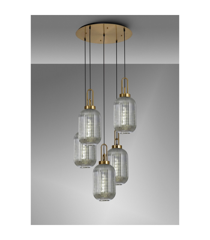 Yorktown 65cm Round 5 Light Pendant 20cm Tubular Ribbed Glass Brass Gold/Matt Black Smoked-3