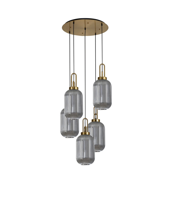 Yorktown 65cm Round 5 Light Pendant 20cm Tubular Ribbed Glass Brass Gold/Matt Black Smoked-4