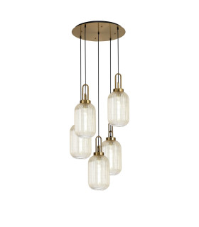 Yorktown 65cm Round 5 Light Pendant 20cm Tubular Ribbed Glass Brass Gold/Matt Black Champagne-1