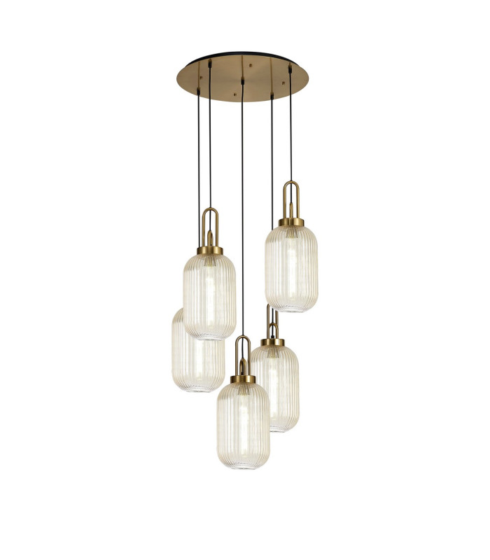 Yorktown 65cm Round 5 Light Pendant 20cm Tubular Ribbed Glass Brass Gold/Matt Black Champagne-1