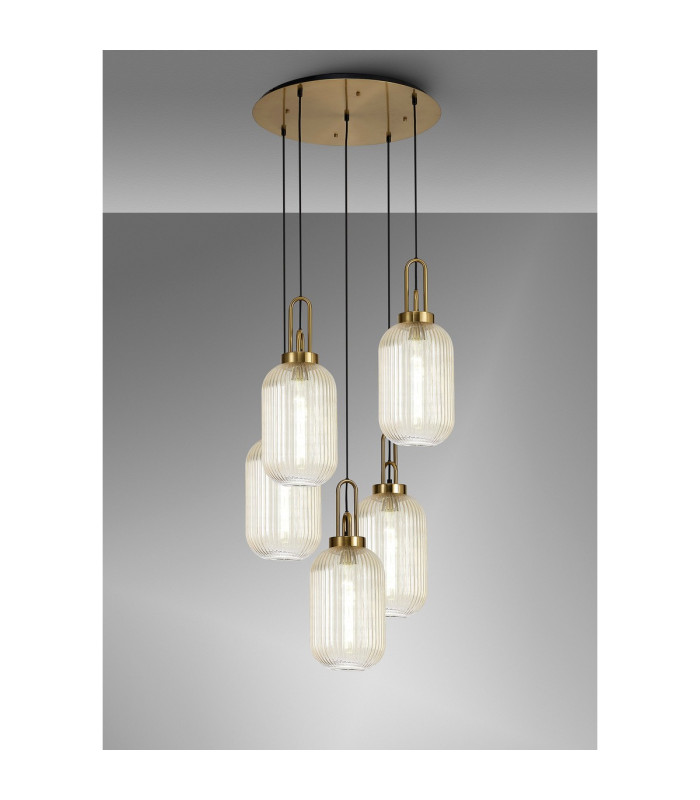 Yorktown 65cm Round 5 Light Pendant 20cm Tubular Ribbed Glass Brass Gold/Matt Black Champagne-3
