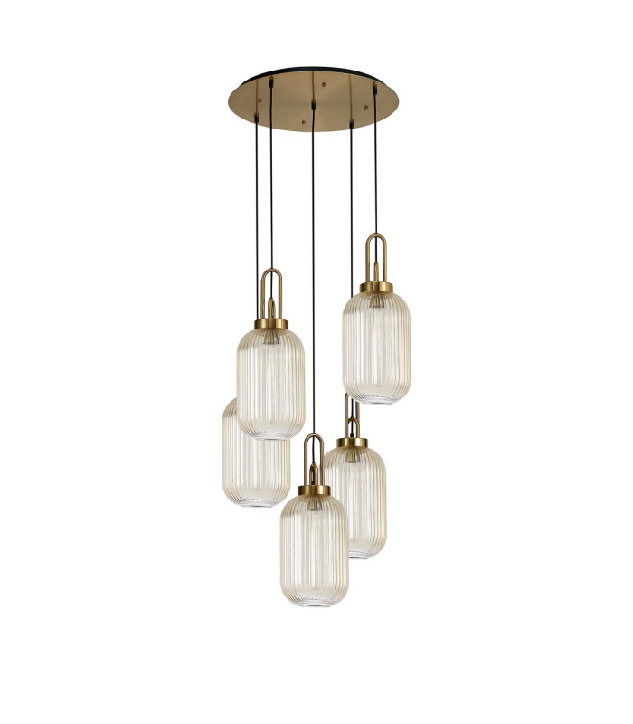 Yorktown 65cm Round 5 Light Pendant 20cm Tubular Ribbed Glass Brass Gold/Matt Black Champagne-4