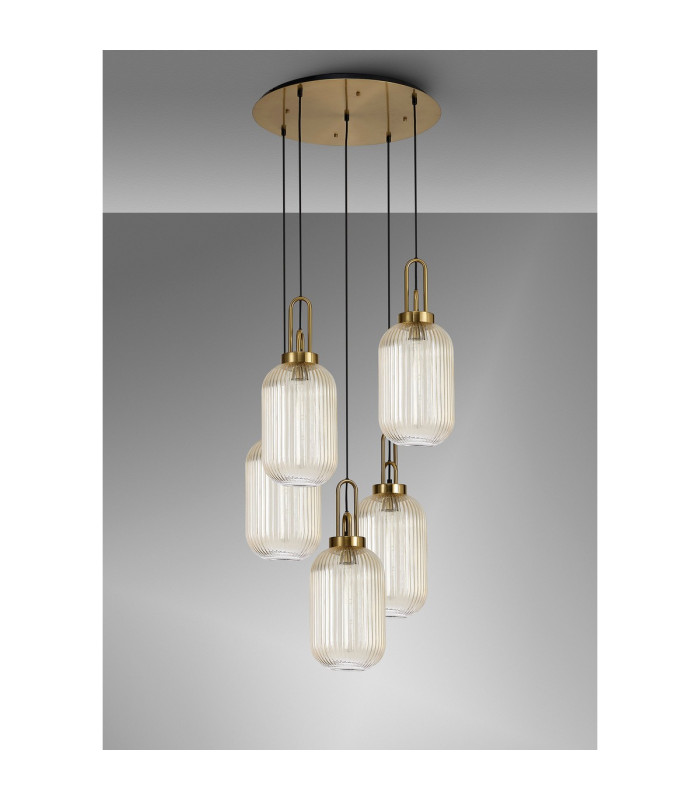 Yorktown 65cm Round 5 Light Pendant 20cm Tubular Ribbed Glass Brass Gold/Matt Black Champagne-10