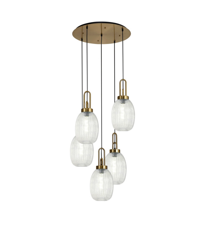 Yorktown 65cm Round 5 Light Pendant 20cm Almond Ribbed Glass Brass Gold/Matt Black Clear-1