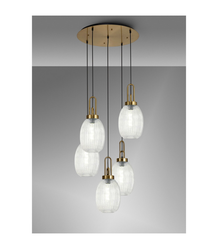Yorktown 65cm Round 5 Light Pendant 20cm Almond Ribbed Glass Brass Gold/Matt Black Clear-3