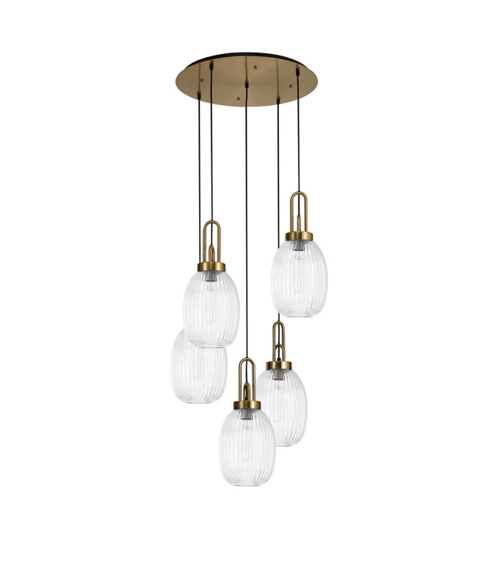 Yorktown 65cm Round 5 Light Pendant 20cm Almond Ribbed Glass Brass Gold/Matt Black Clear-4