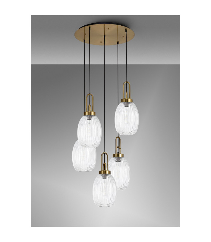 Yorktown 65cm Round 5 Light Pendant 20cm Almond Ribbed Glass Brass Gold/Matt Black Clear-9