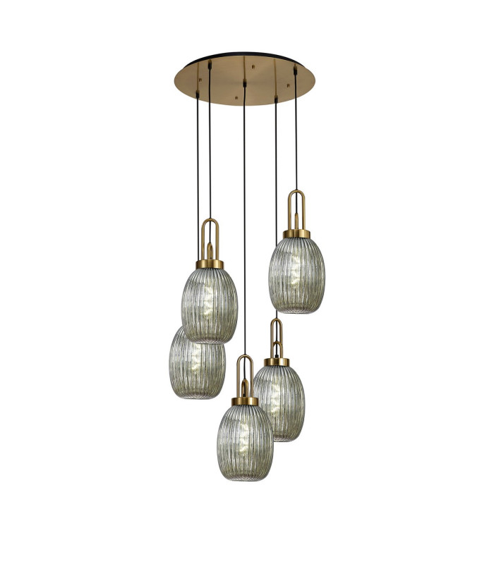 Yorktown 65cm Round 5 Light Pendant 20cm Almond Ribbed Glass Brass Gold/Matt Black Smoked-1