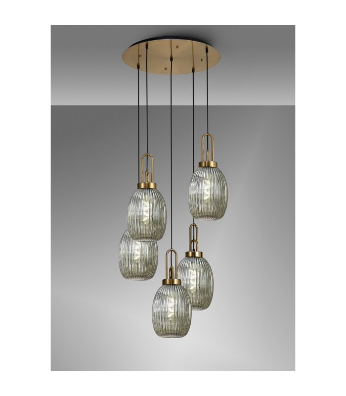 Yorktown 65cm Round 5 Light Pendant 20cm Almond Ribbed Glass Brass Gold/Matt Black Smoked-3
