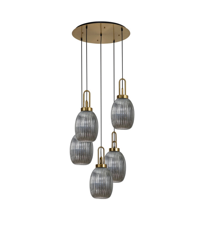 Yorktown 65cm Round 5 Light Pendant 20cm Almond Ribbed Glass Brass Gold/Matt Black Smoked-4