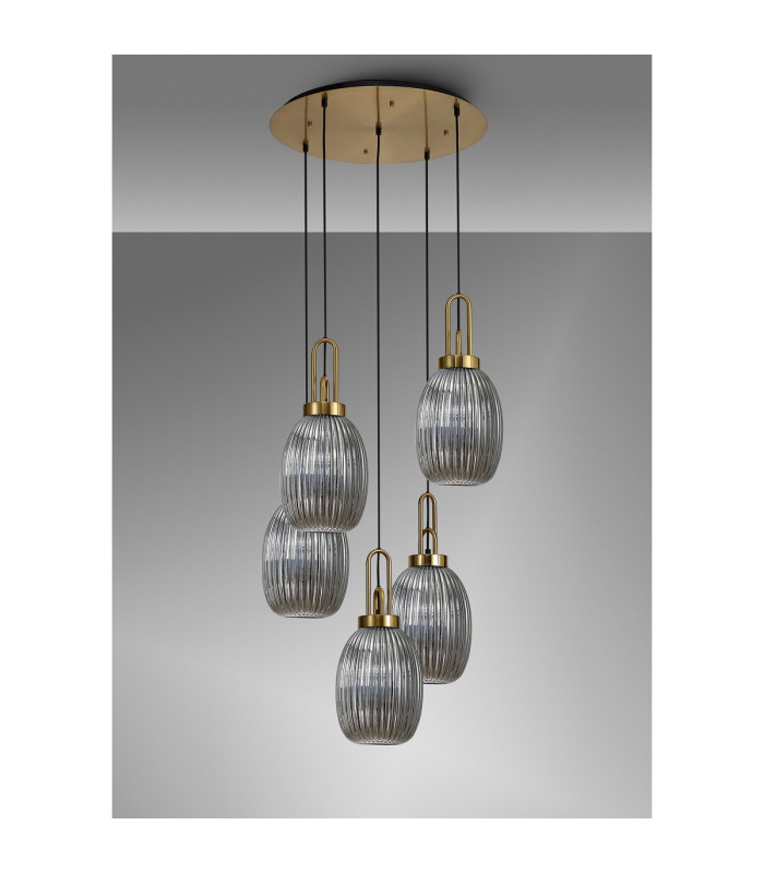 Yorktown 65cm Round 5 Light Pendant 20cm Almond Ribbed Glass Brass Gold/Matt Black Smoked-9