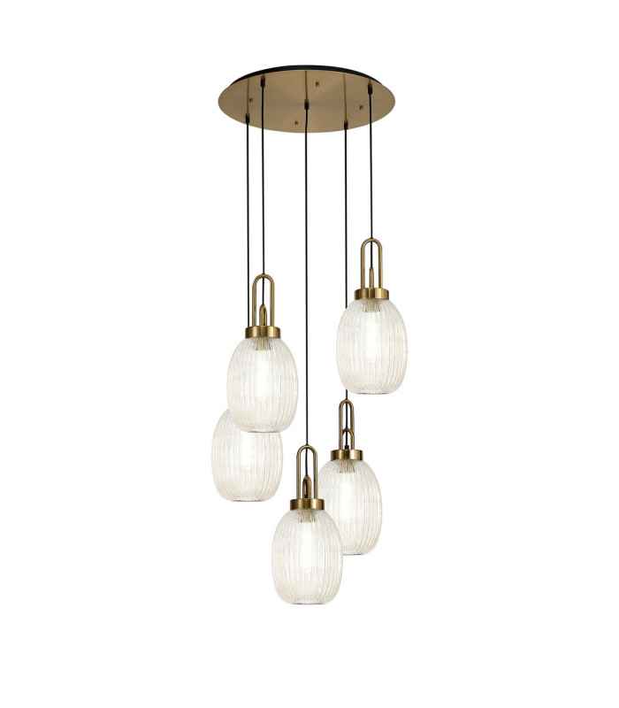 Yorktown 65cm Round 5 Light Pendant 20cm Almond Ribbed Glass Brass Gold/Matt Black Champagne-1