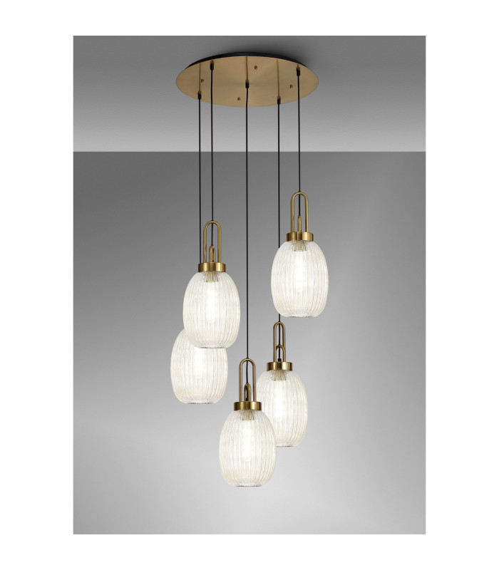 Yorktown 65cm Round 5 Light Pendant 20cm Almond Ribbed Glass Brass Gold/Matt Black Champagne-3
