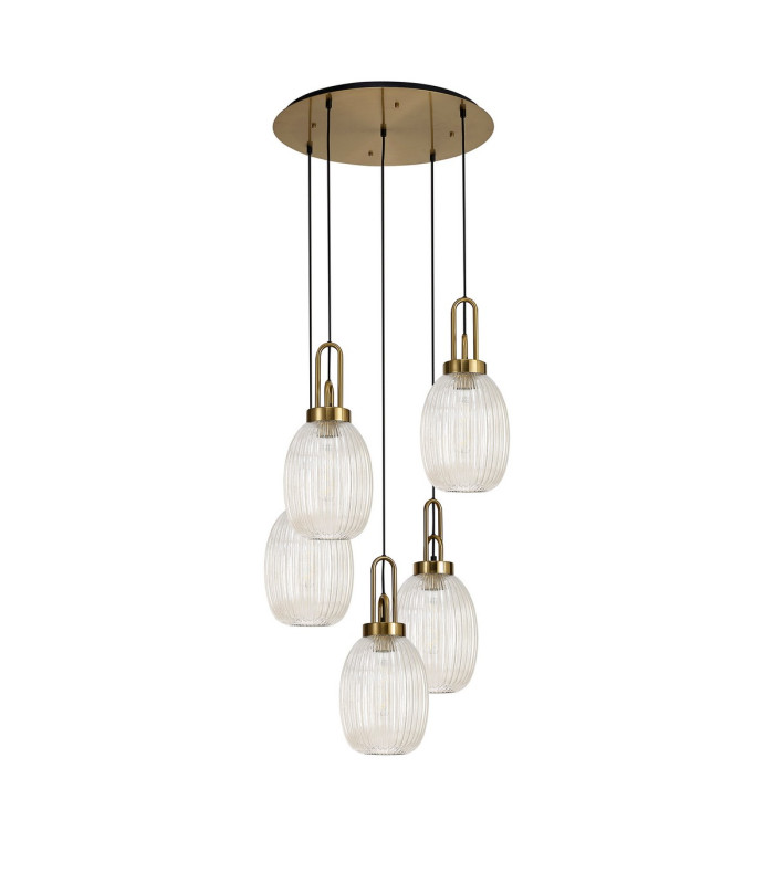 Yorktown 65cm Round 5 Light Pendant 20cm Almond Ribbed Glass Brass Gold/Matt Black Champagne-4