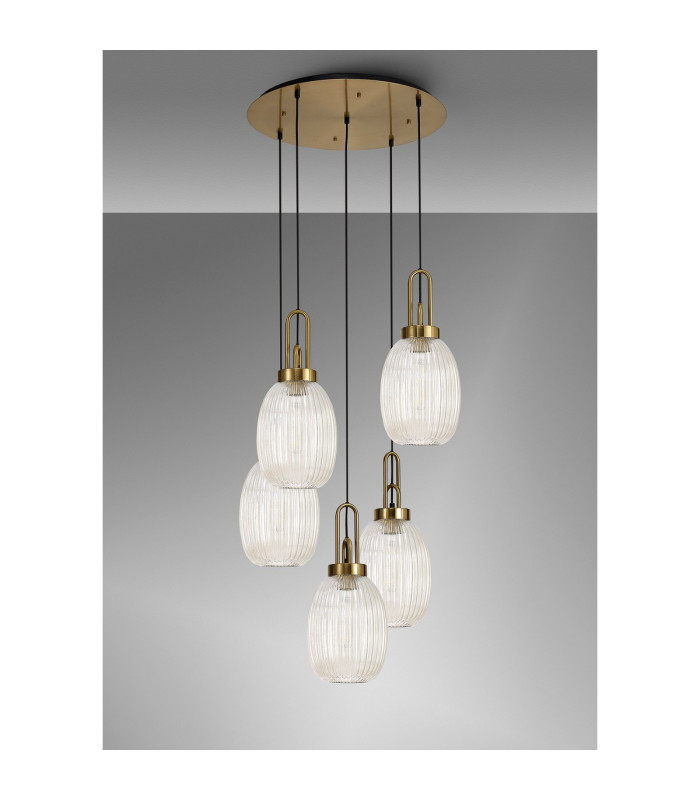 Yorktown 65cm Round 5 Light Pendant 20cm Almond Ribbed Glass Brass Gold/Matt Black Champagne-10