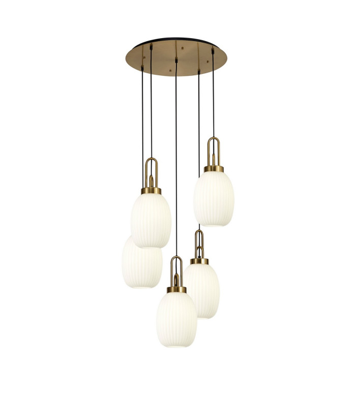 Yorktown 65cm Round 5 Light Pendant 20cm Almond Ribbed Glass Brass Gold/Matt Black Opal-1