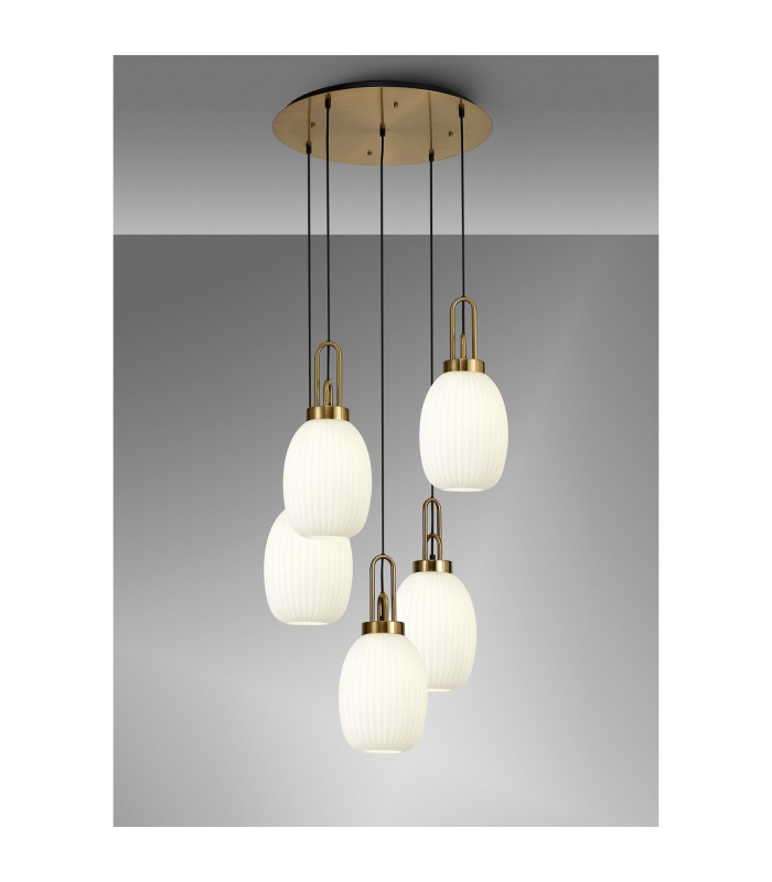 Yorktown 65cm Round 5 Light Pendant 20cm Almond Ribbed Glass Brass Gold/Matt Black Opal-3